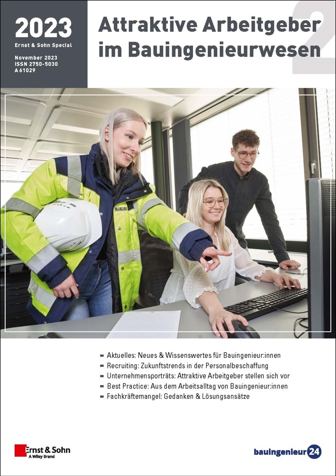 Cover des Sonderheftes Attraktive Arbeitgeber im Bauingenieurwessen des Verlages Ernst & Sohn, Titelfoto: Josef Gartner GmbH, Quelle: Z-Studio GmbH, Wertingen